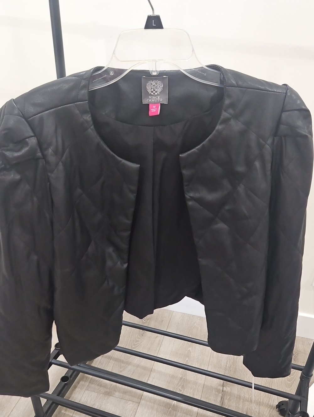 Vince Camuto Quilted Black Open-Front Leather Jacket